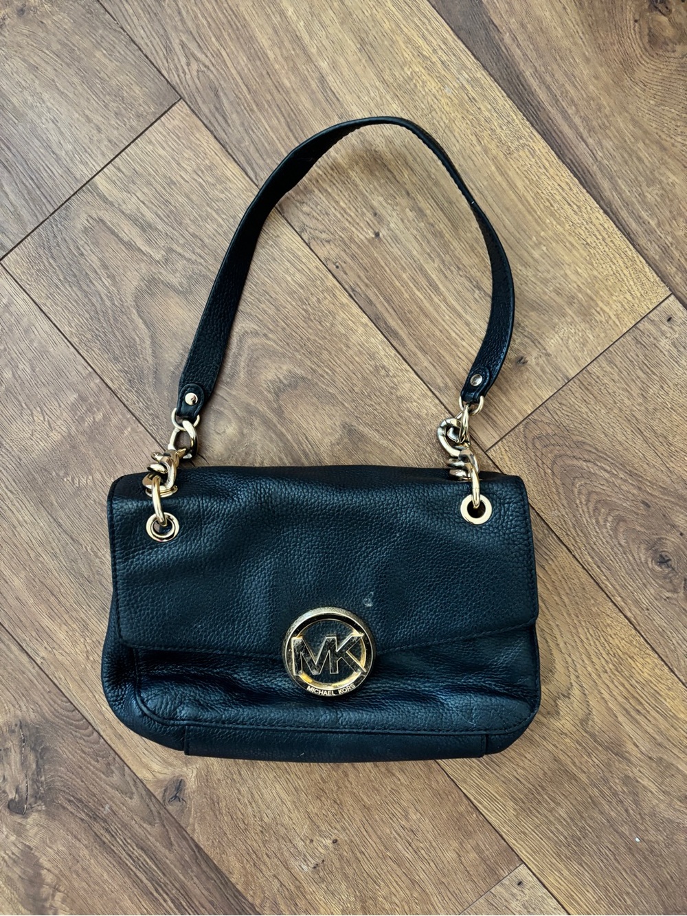Michael Kors Black Leather Shoulder Bag with Gold MK Emblem